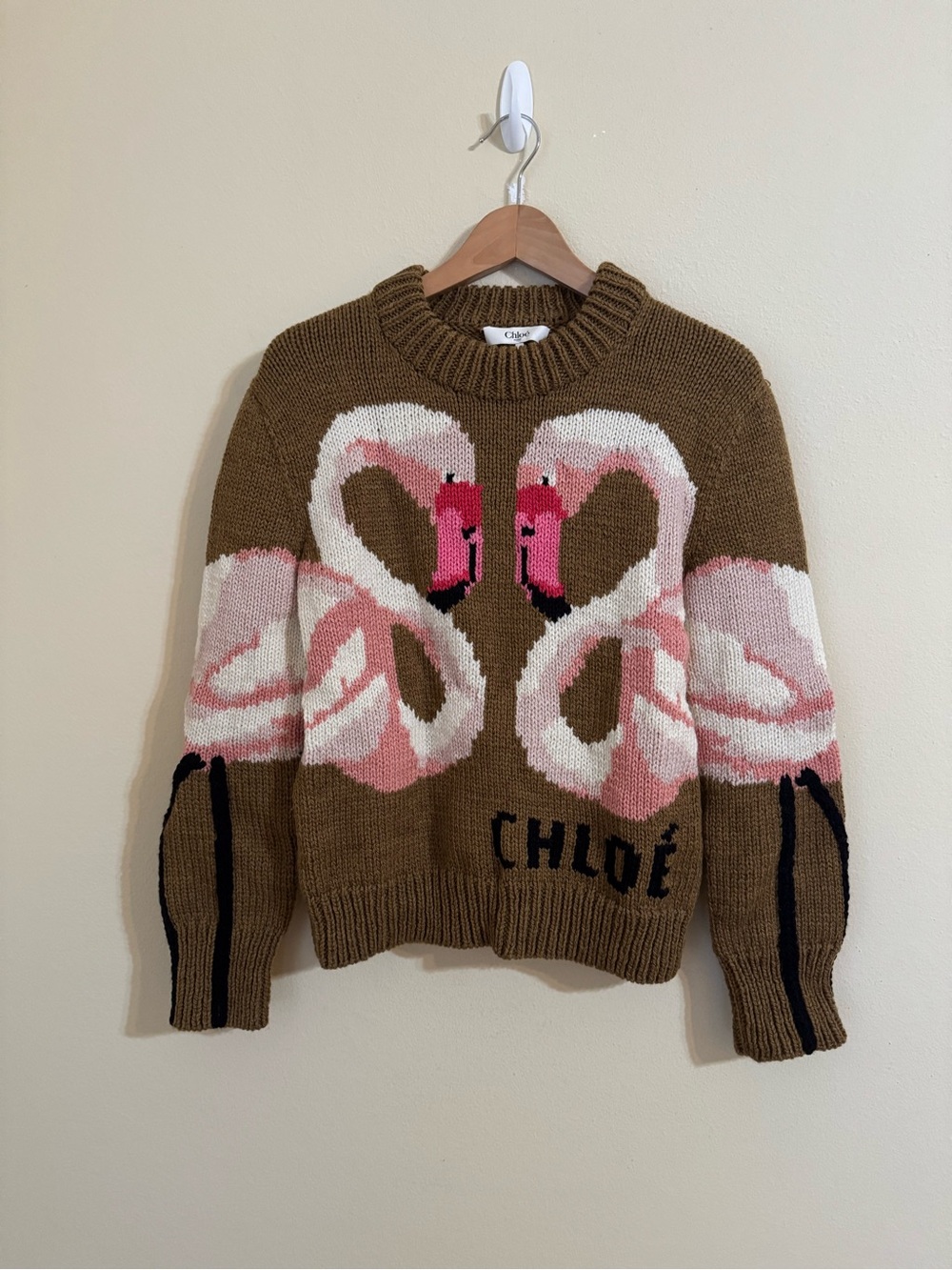 Chloe Flamingo Intarsia Sweater Pullover Knit Wool Brown Small